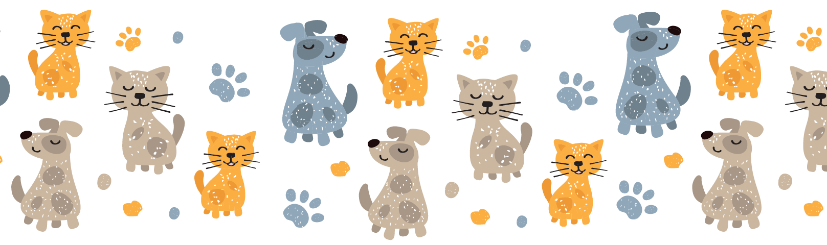 Pattern featuring cartoon cats and dogs in orange, gray, and beige, along with paw prints, on a white background.