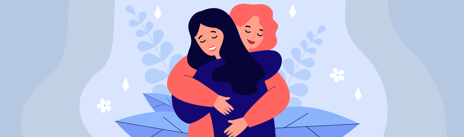 Two stylized women embracing each other, surrounded by floral elements and soft pastel colors.