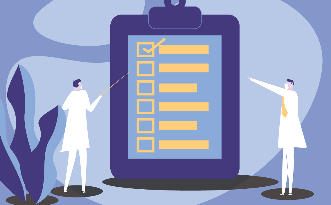 A clipboard with a checklist and two figures in lab coats, one pointing with a stick and the other gesturing towards the list.