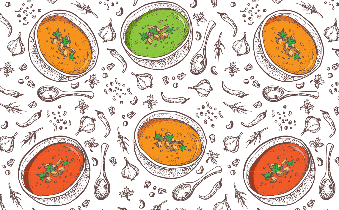 Various bowls of soup in orange, green, and red are arranged in a repeating pattern, surrounded by ingredients like garlic and herbs.
