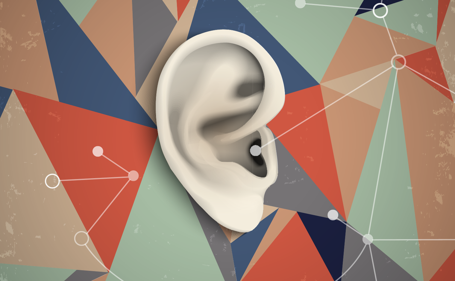 an ear with a multicolored fractal background