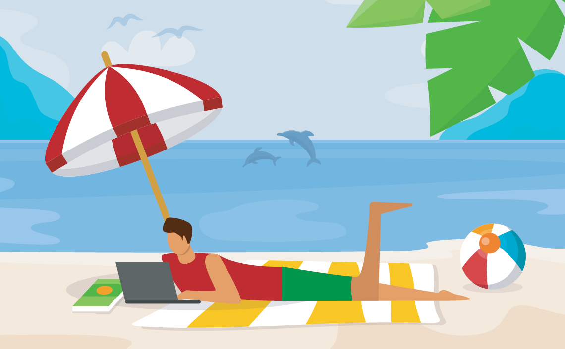 An illustration of a man using a laptop on the beach