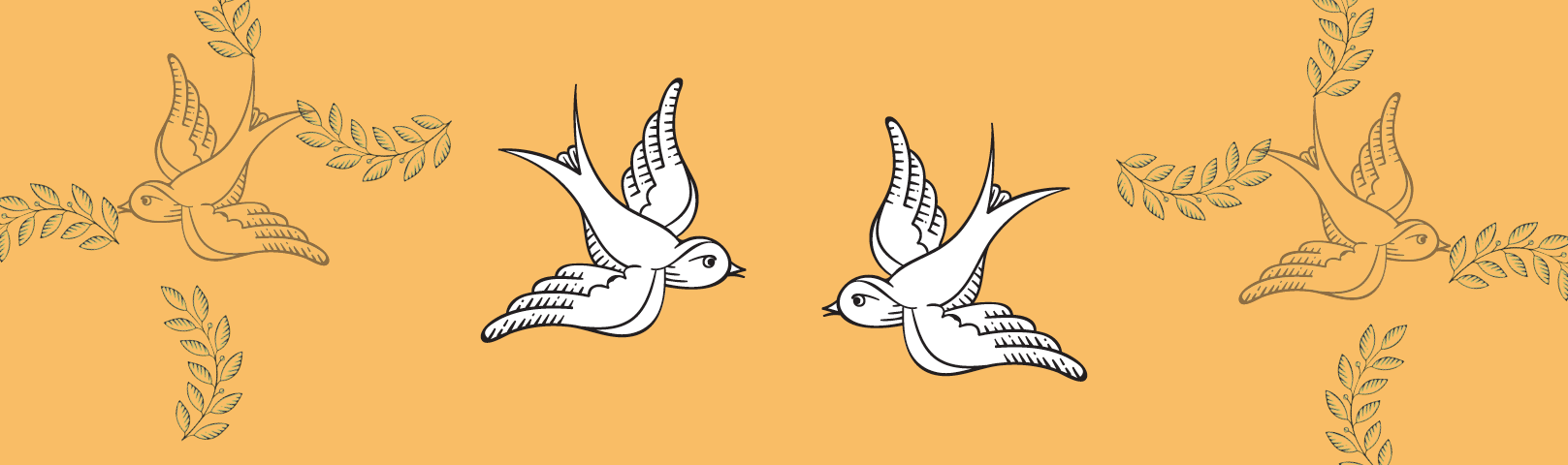 Two stylized white birds in flight, surrounded by leaves, set against an orange background.