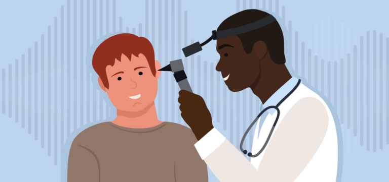 A doctor using an otoscope to examine a patient's ear against a background of audio soundwaves
