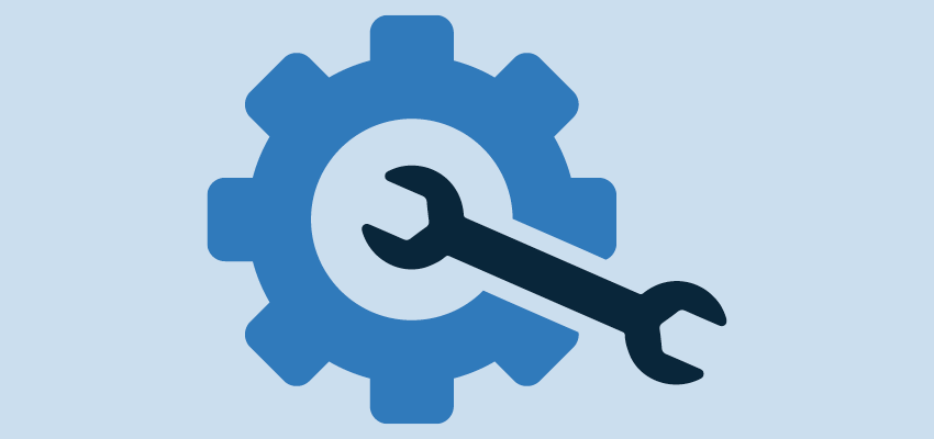 An illustration of a gear with a wrench spanning the center and exterior of the gear