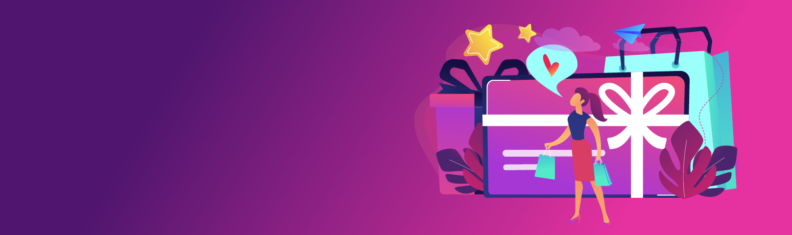 Illustration of a woman thnking of the perfect gift with wrapped presents in the background