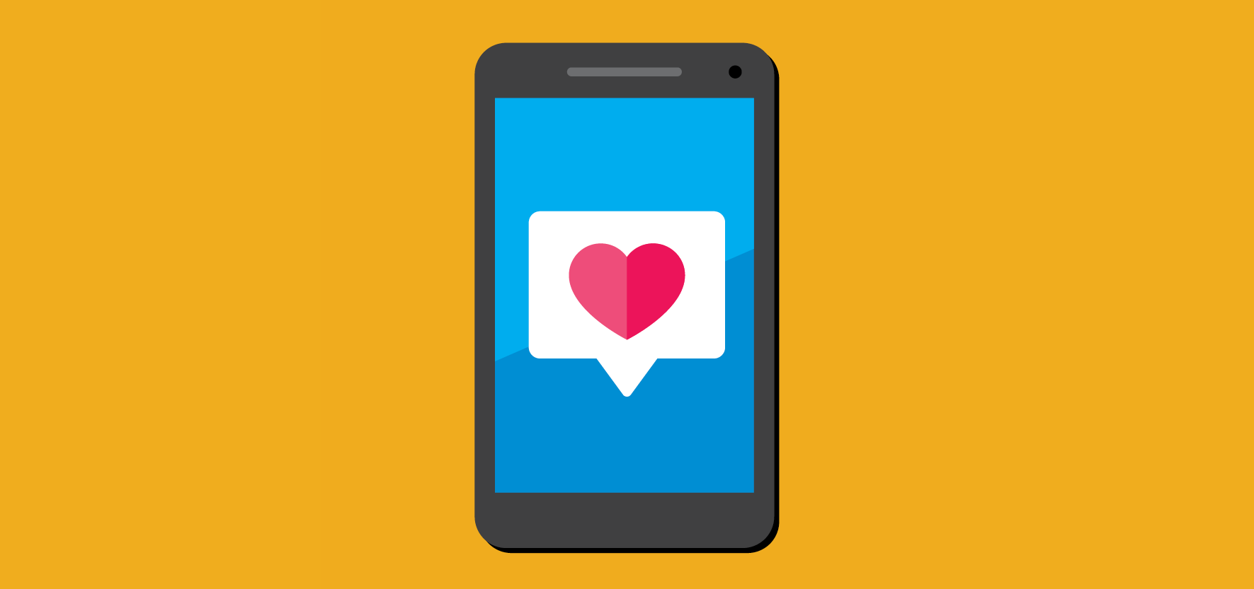 An illustration of a smartphone with a notification on the screen, which contains a pink and red heart icon, all against a solid orange background